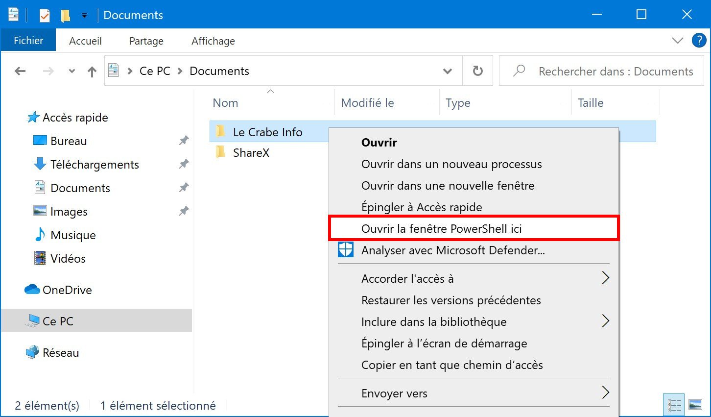 Lancement de PowerShell dans le dossier ouvert